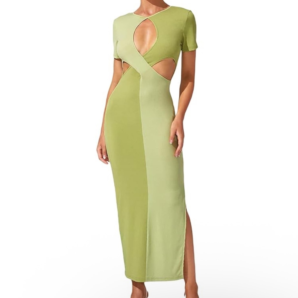Chic Two-Tone Green Midi Dress - Picture 1 of 5